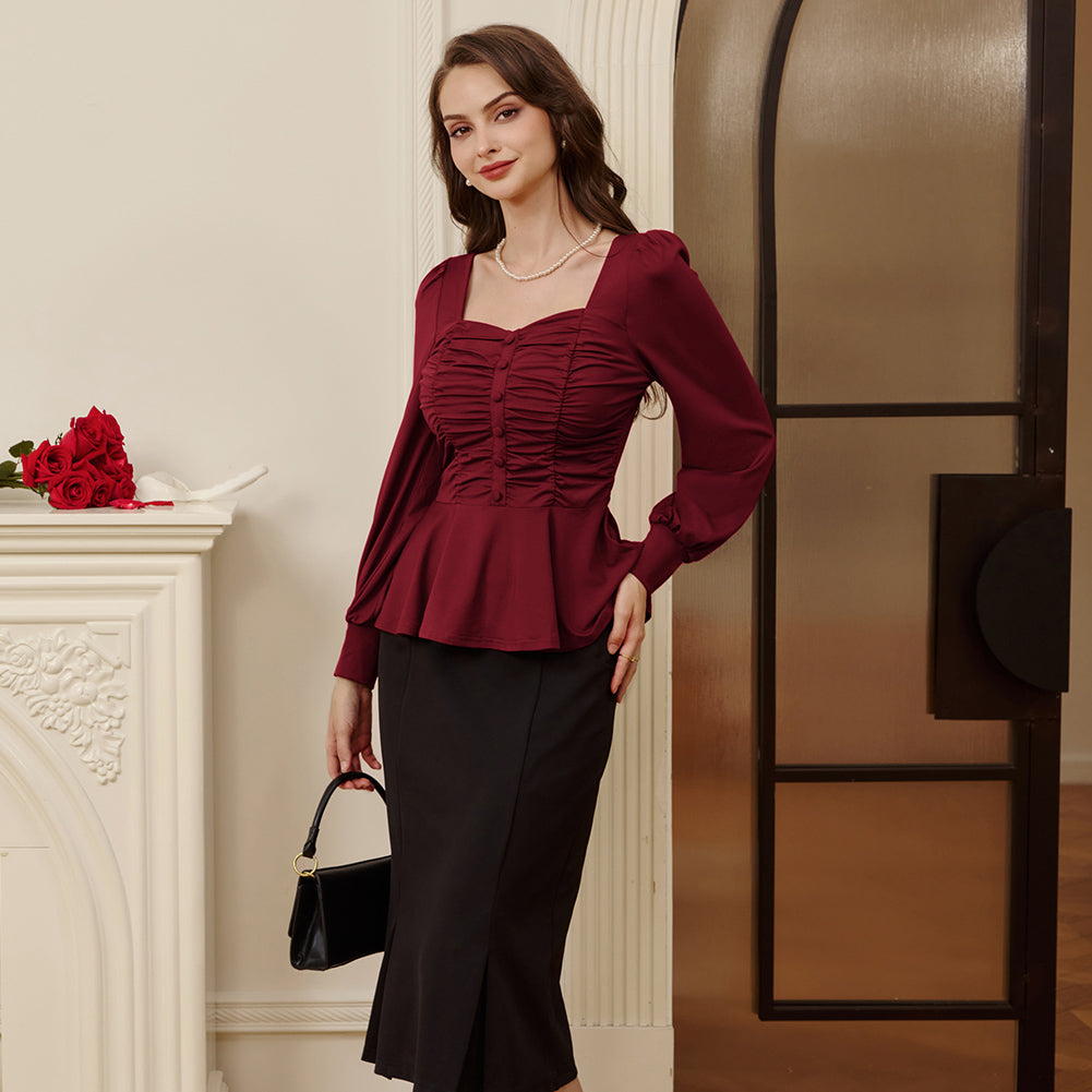 belle poque Women Vintage Ruched Tops Puffed Long Sleeve Peplum Hem Tops