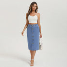belle poque 1980s Vintage Jean Skirts for Women Front Slit Midi Skirt with Pockets