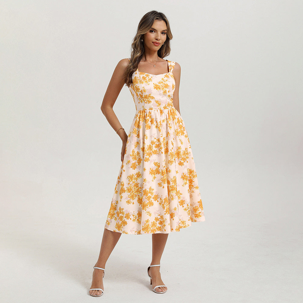 belle poque Women's Floral Midi Sundress with Pockets Spring Summer Dresses for Wedding Guest