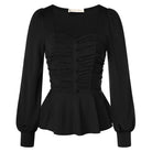 belle poque Women Vintage Ruched Tops Puffed Long Sleeve Peplum Hem Tops Black