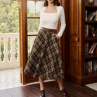 belle poque Women Vintage Plaided Swing Skirt Elastic Waist Mid-Calf Length A-Line Skirt