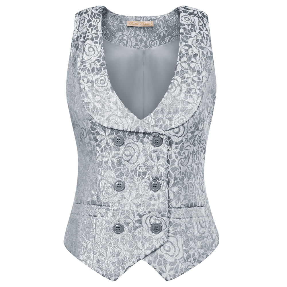 belle poque Vintage Floral Printed Double Breasted Vest Deep V-Neck Handkerchief Hem Vest Coat Silver