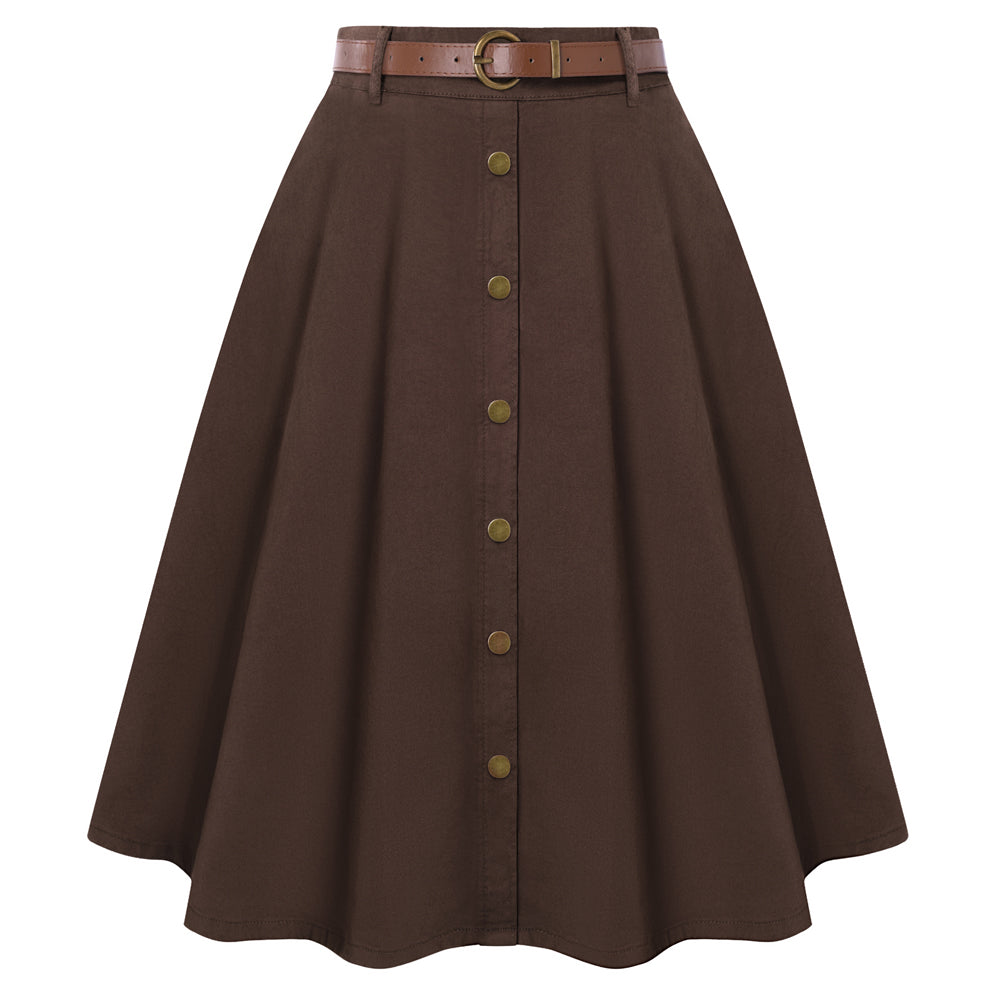 belle poque Women's Denim Skirts 1950s Vintage A-Line Jean Skirts with Pockets Brown