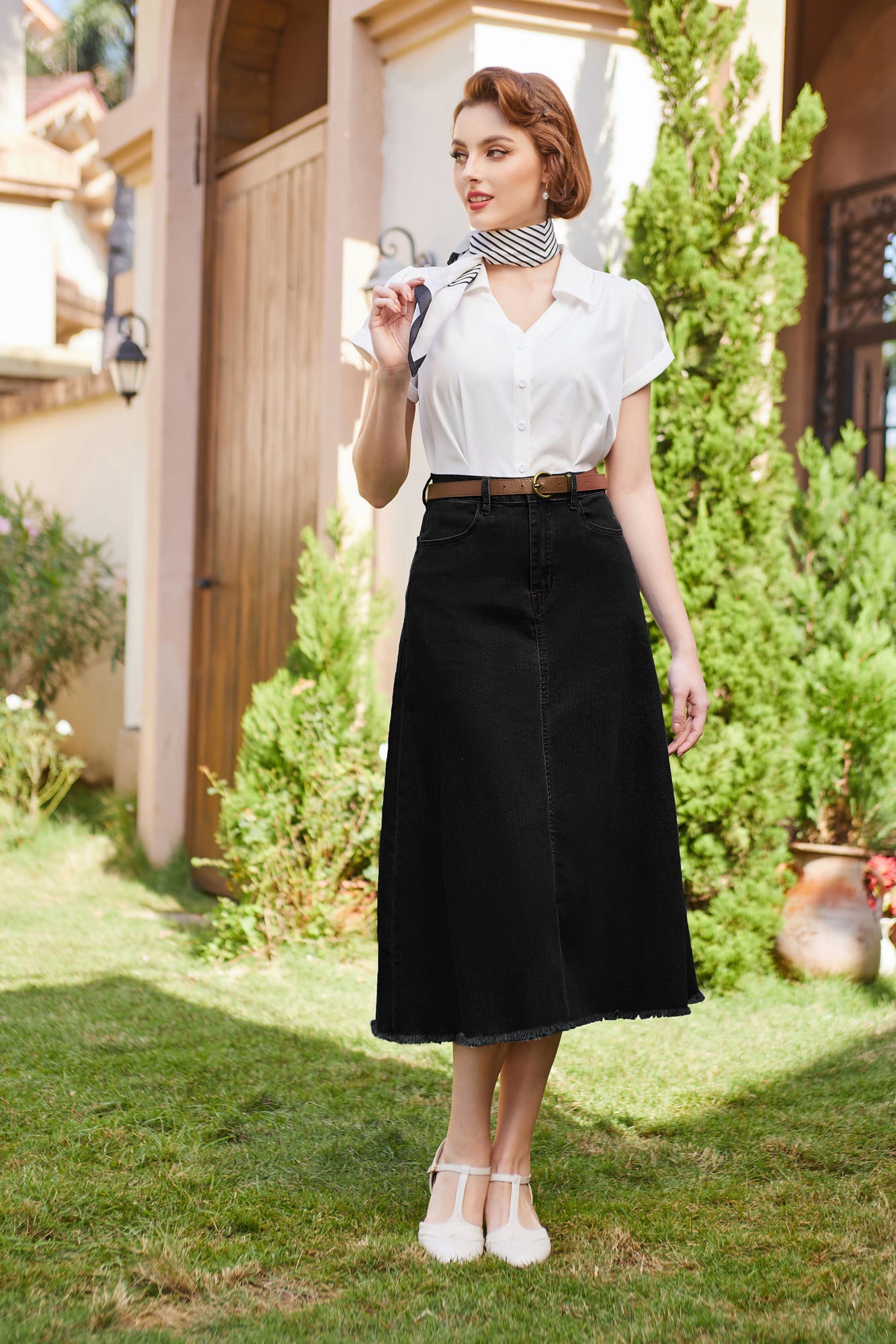 belle poque Multi-Pocket Jean Skirt Elastic High Waist Raw Hem Midi A-Line Skirt