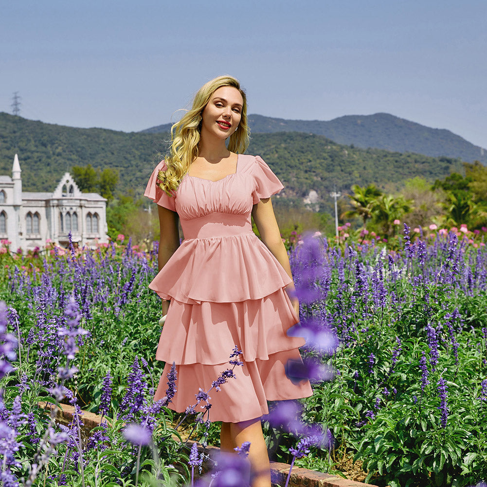 belle poque Vintage Dress 2026 Summer Layered Tiered Ruffle Swing Midi Dress