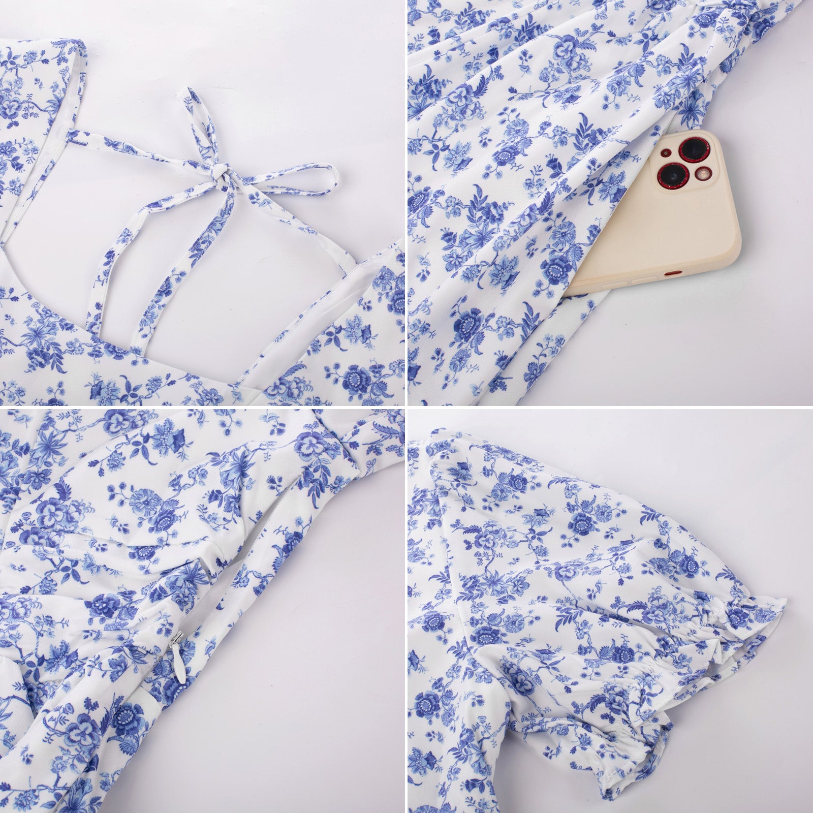 belle poque Vintage Daisy Flower Print Cottagecore Cocktail Dresses Square Neck Puff Sleeve Dress with Pockets