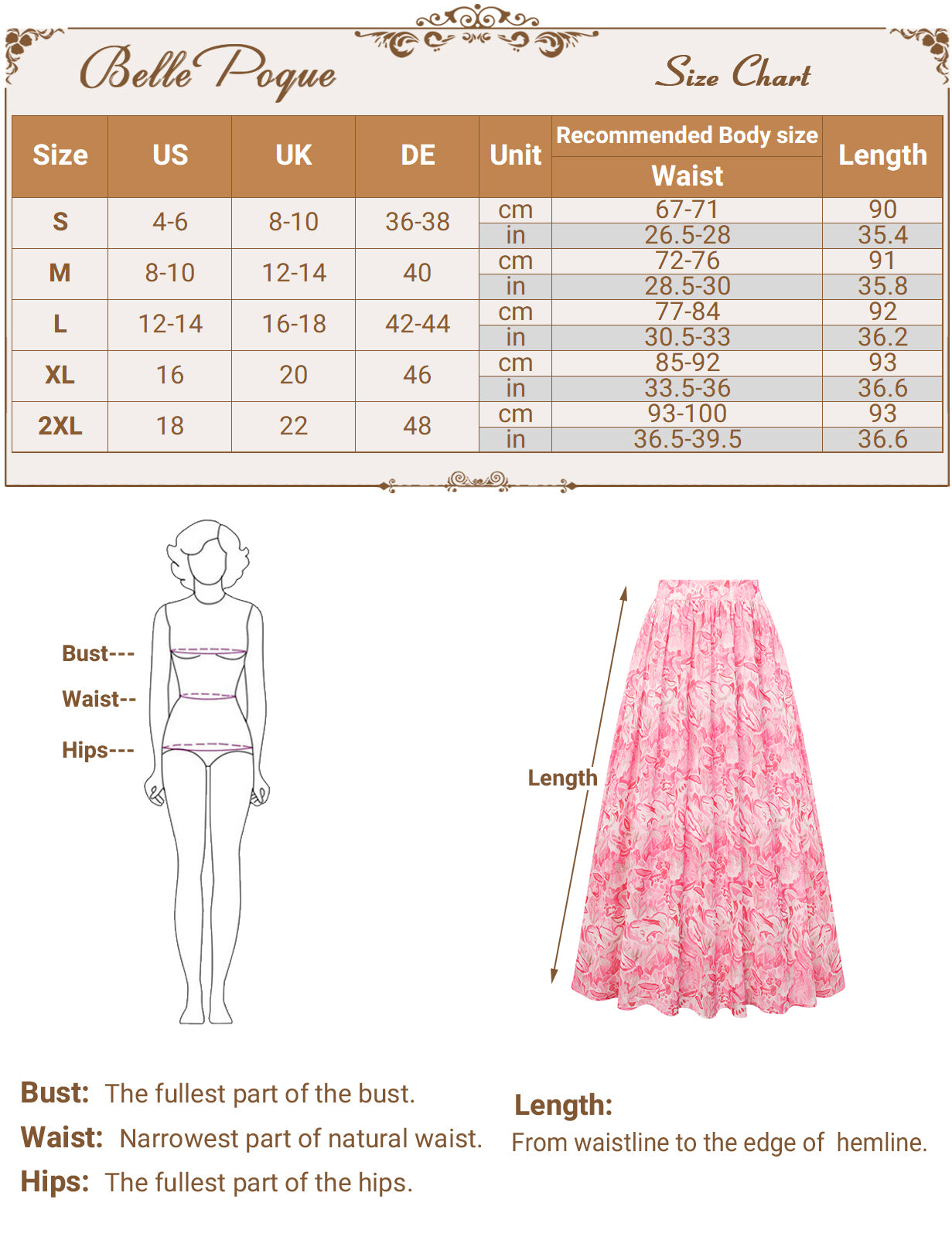 belle poque 2026 Women Vintage Swing Floral Skirt Comfy A-Line Maxi Skirt