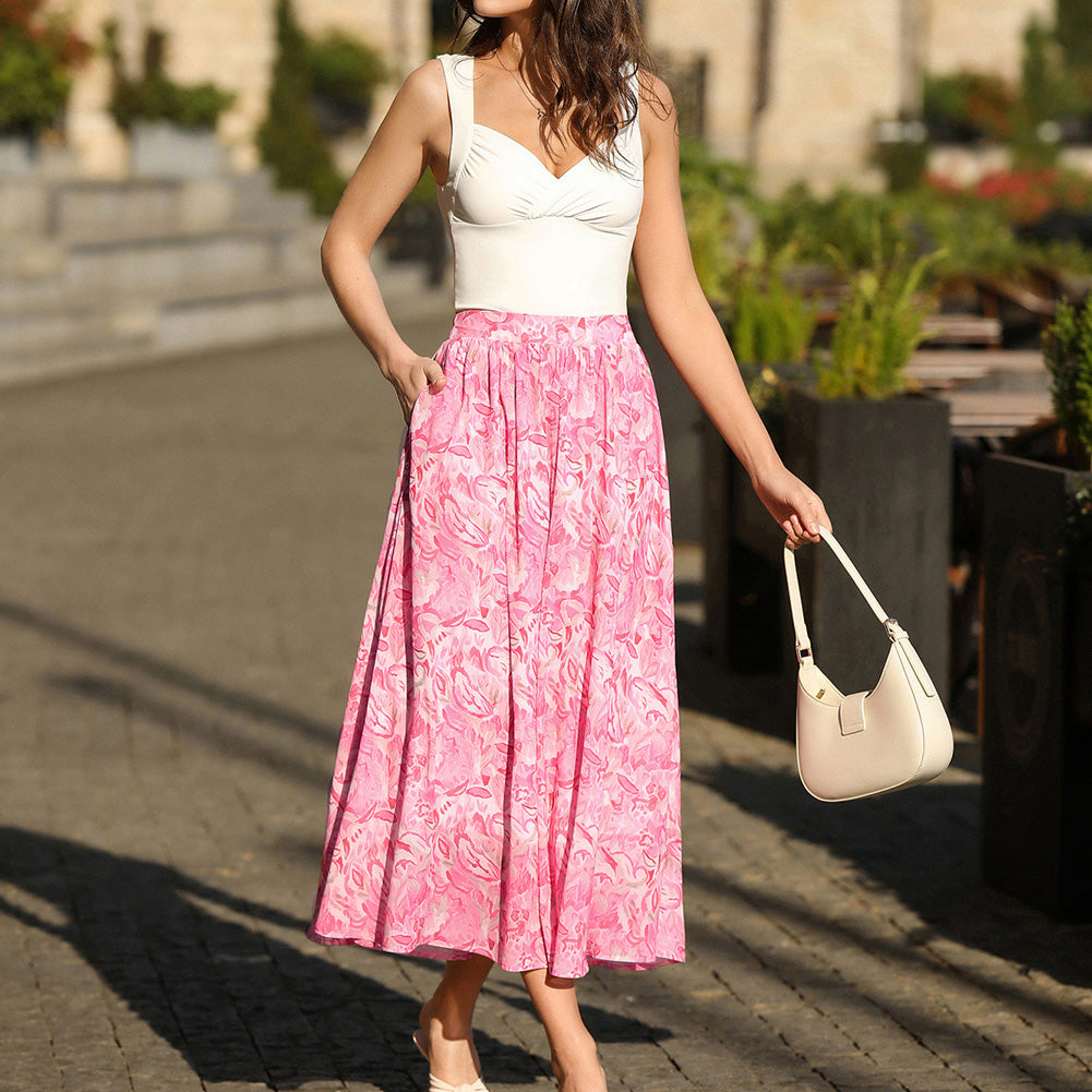 belle poque 2026 Women Vintage Swing Floral Skirt Comfy A-Line Maxi Skirt