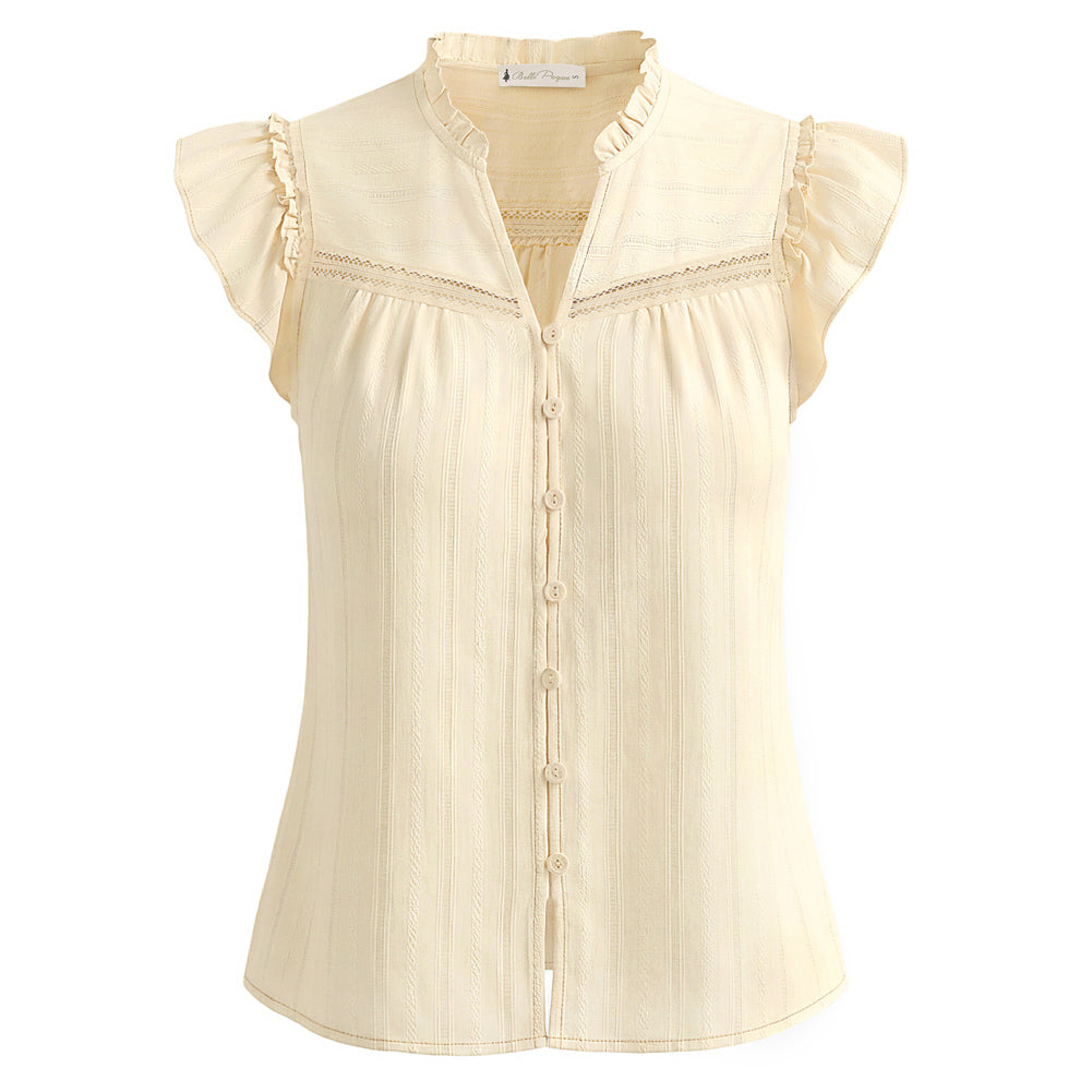 belle poque Women's Ruffle Sleeve Cotton Shirts Button Down Blouses Dressy Casual Tops Apricot