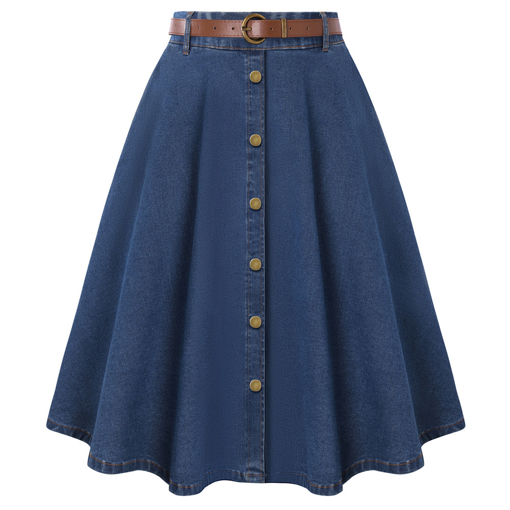 belle poque Women's Denim Skirts 1950s Vintage A-Line Jean Skirts with Pockets Blue2