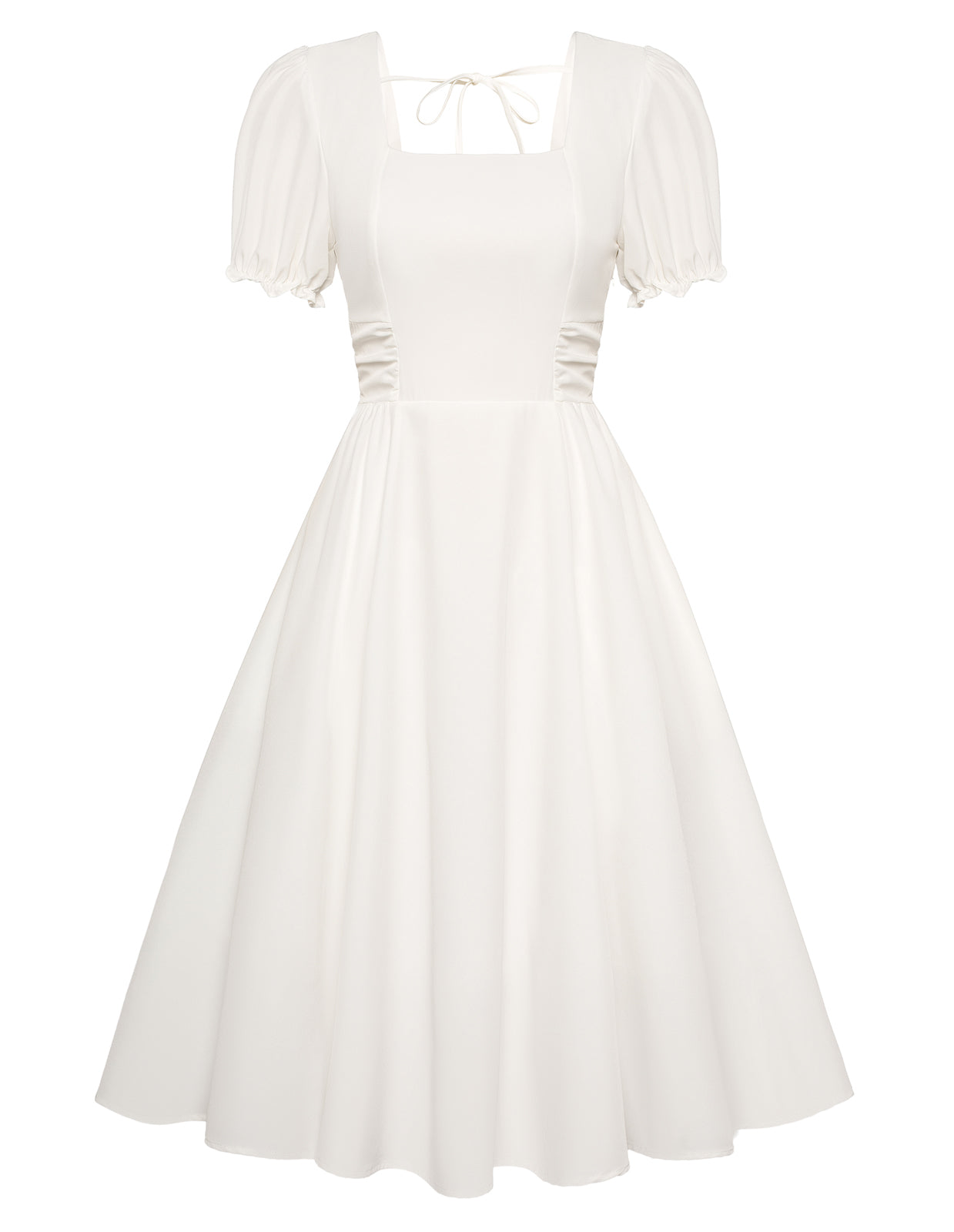 belle poque Vintage Daisy Flower Print Cottagecore Cocktail Dresses Square Neck Puff Sleeve Dress with Pockets White