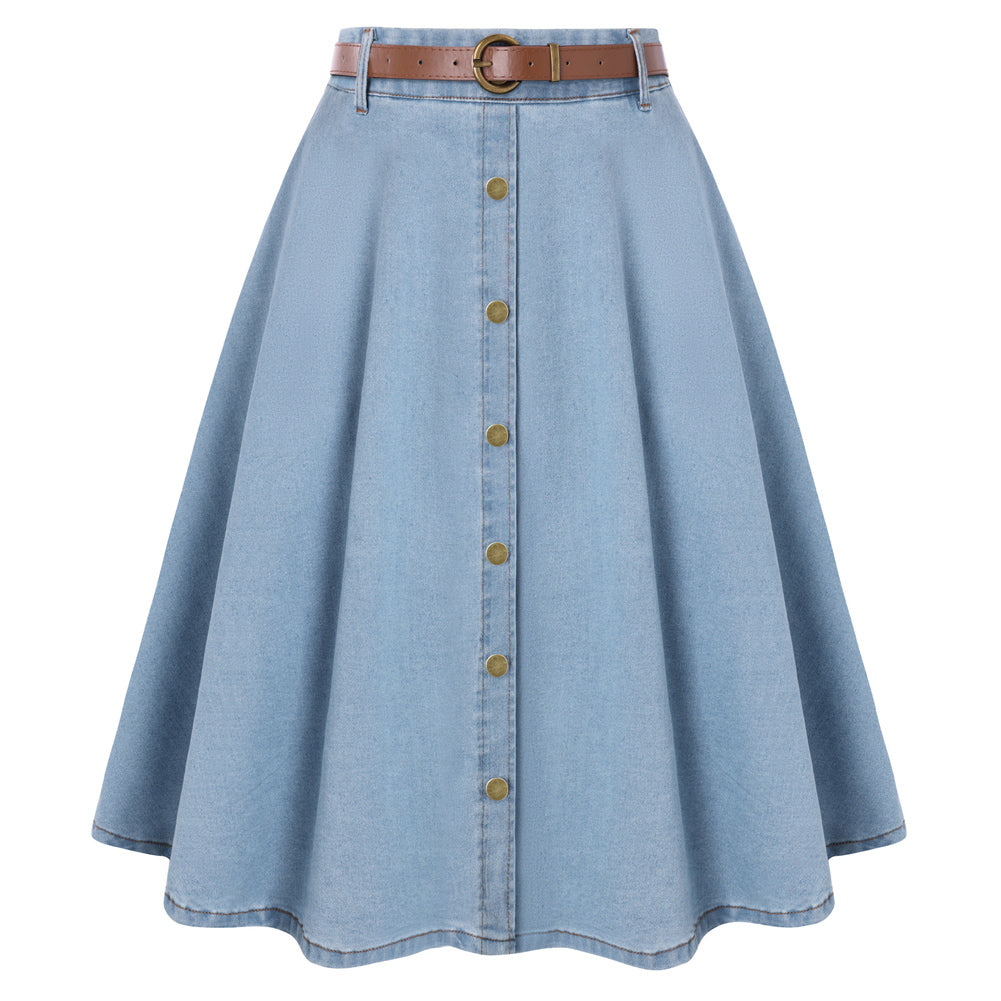 belle poque Women's Denim Skirts 1950s Vintage A-Line Jean Skirts with Pockets Light Blue
