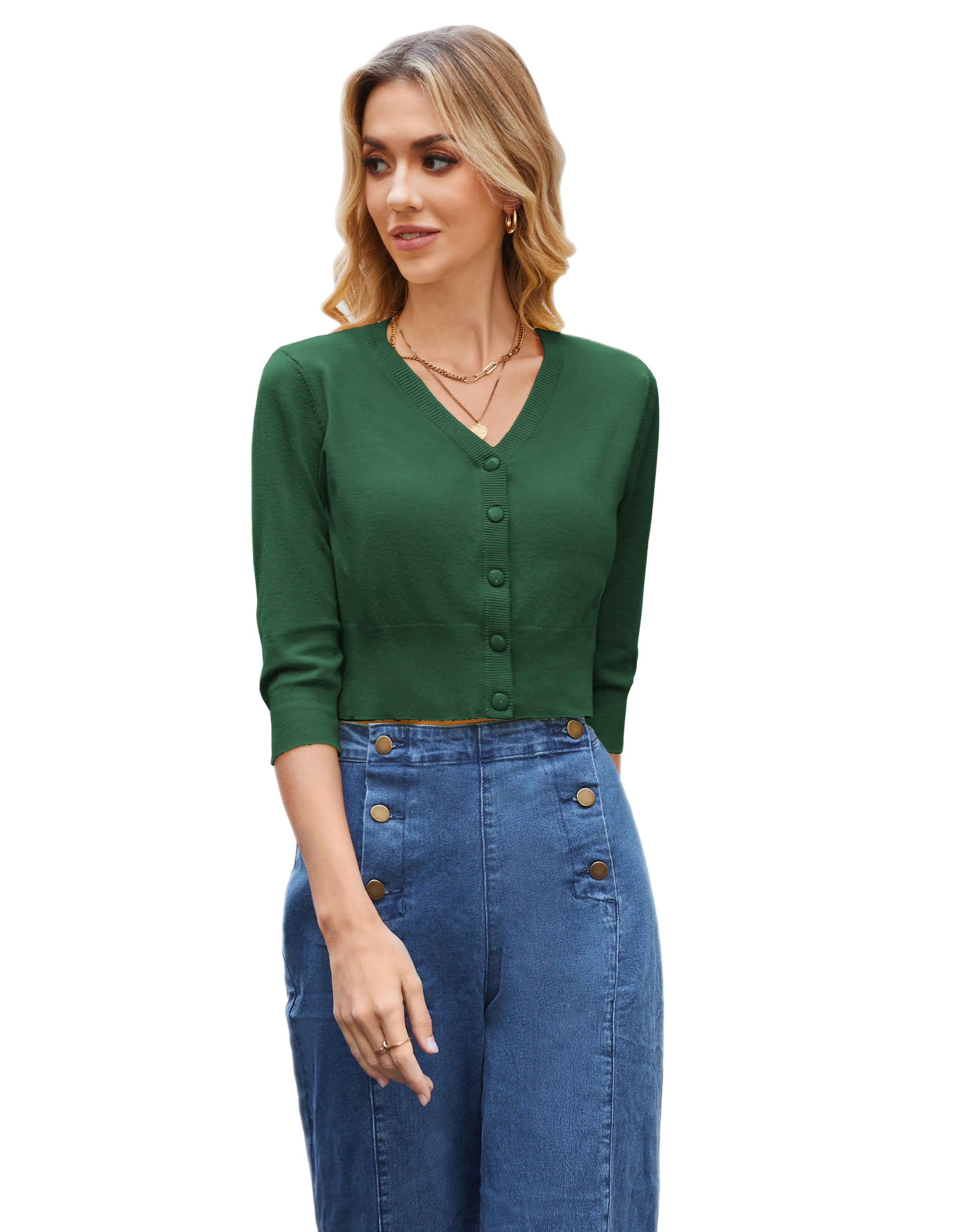 belle poque Women's 3/4 Sleeve Button Down Cherries Embroidery Cropped Cardigan Sweater Coat