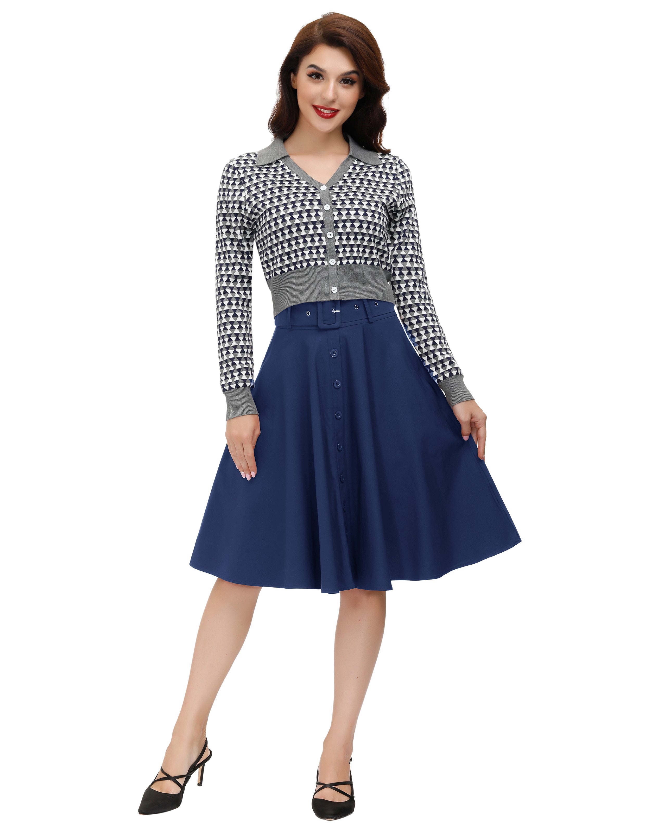 belle poque Vintage Stretch High Waist A-Line Flared Midi Skirts with Pockets & Belts