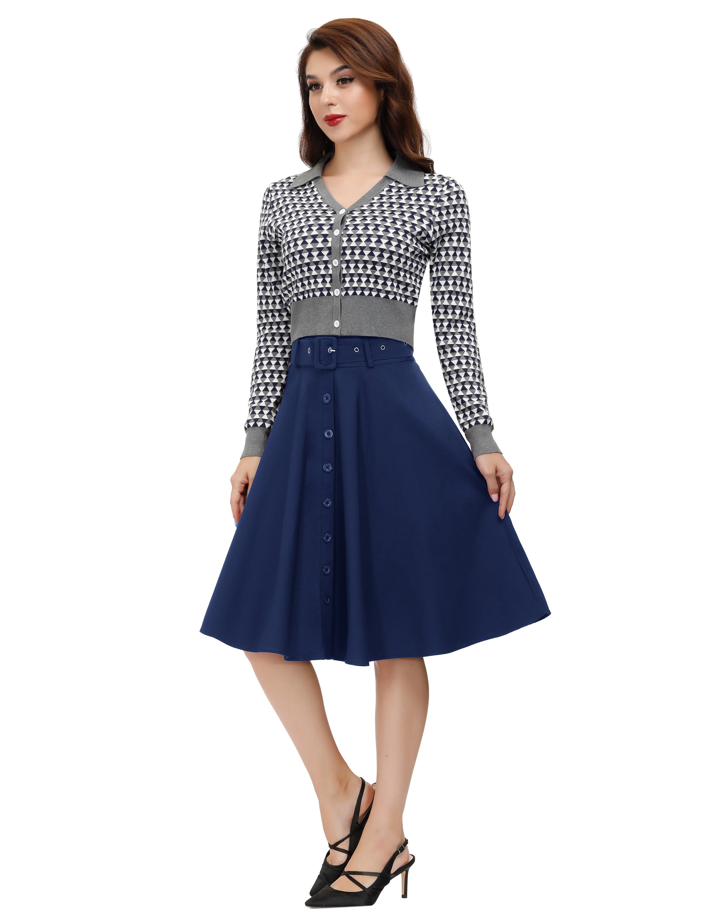 belle poque Vintage Stretch High Waist A-Line Flared Midi Skirts with Pockets & Belts