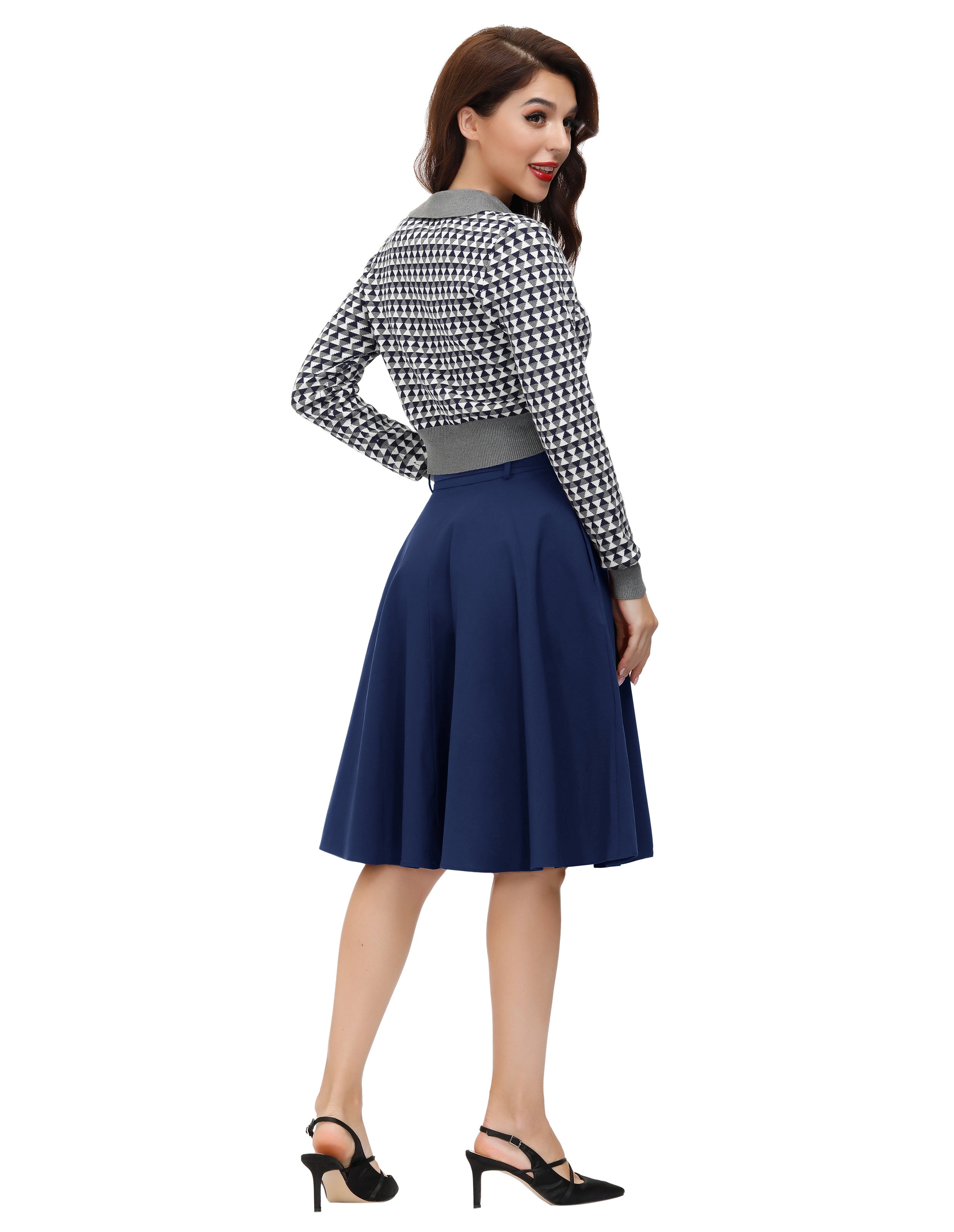 belle poque Vintage Stretch High Waist A-Line Flared Midi Skirts with Pockets & Belts