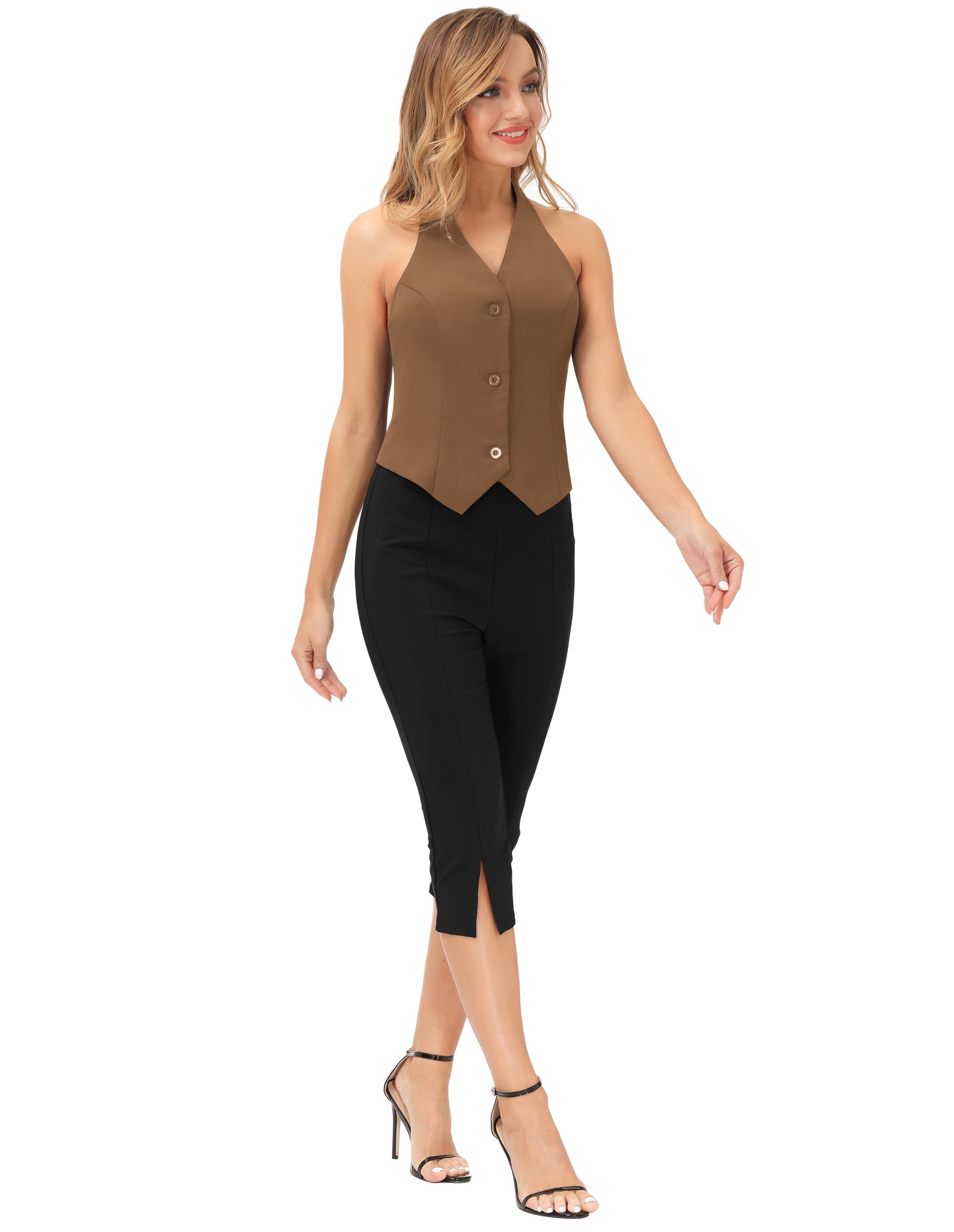 belle poque Seckill Offer⌛Solid Color Halter V-Neck Single Breasted Handkerchief Vest