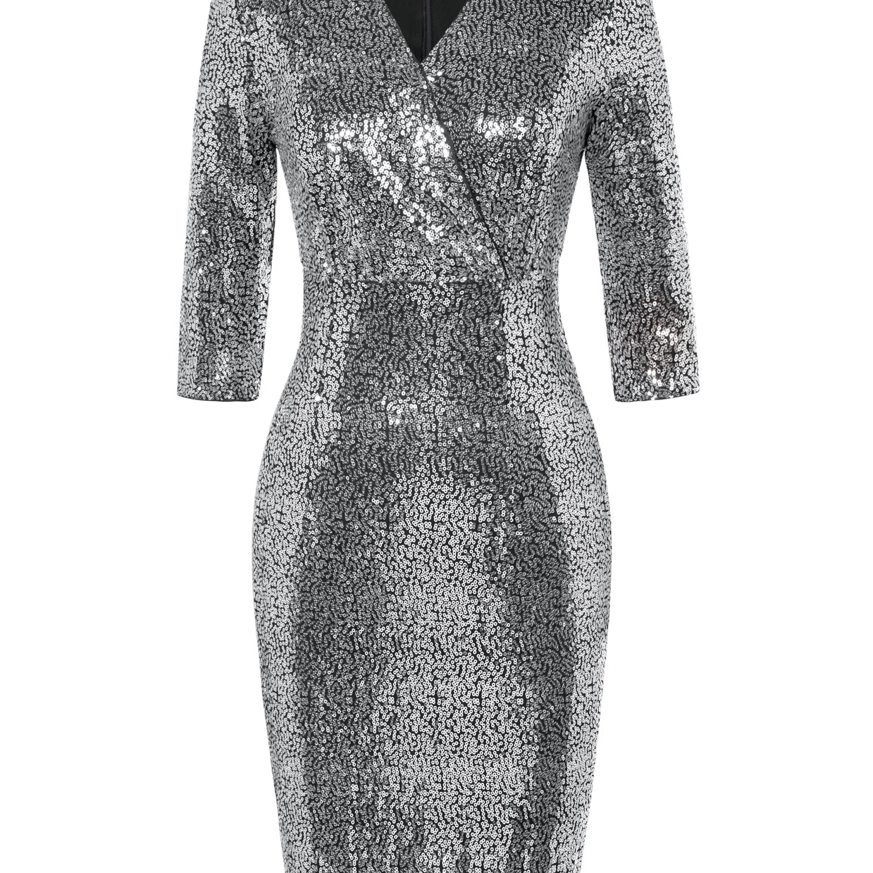 Women's Sequins Bodycon Pencil Dress 3/4 Sleeve V-Neck Hips