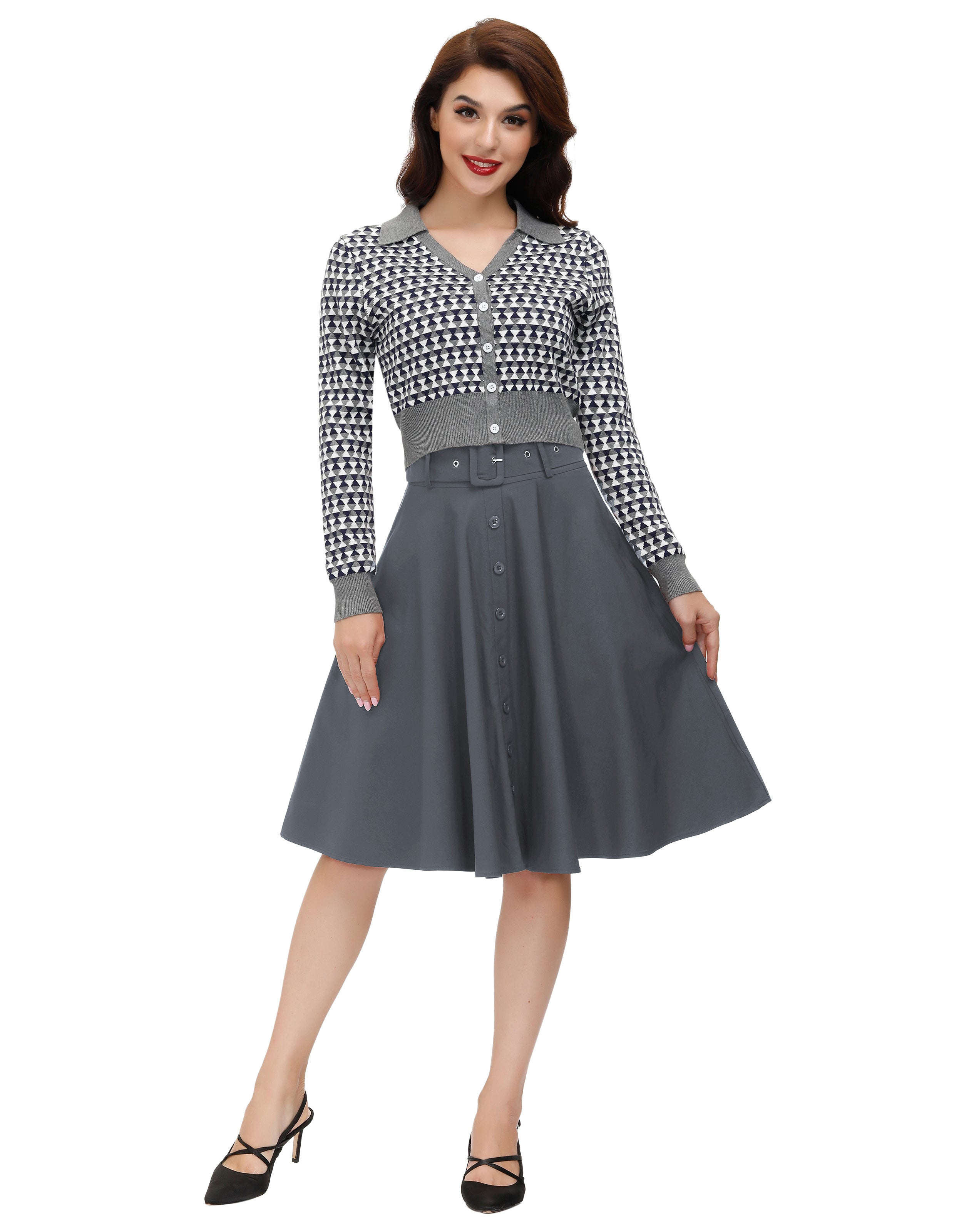 belle poque Vintage Stretch High Waist A-Line Flared Midi Skirts with Pockets & Belts