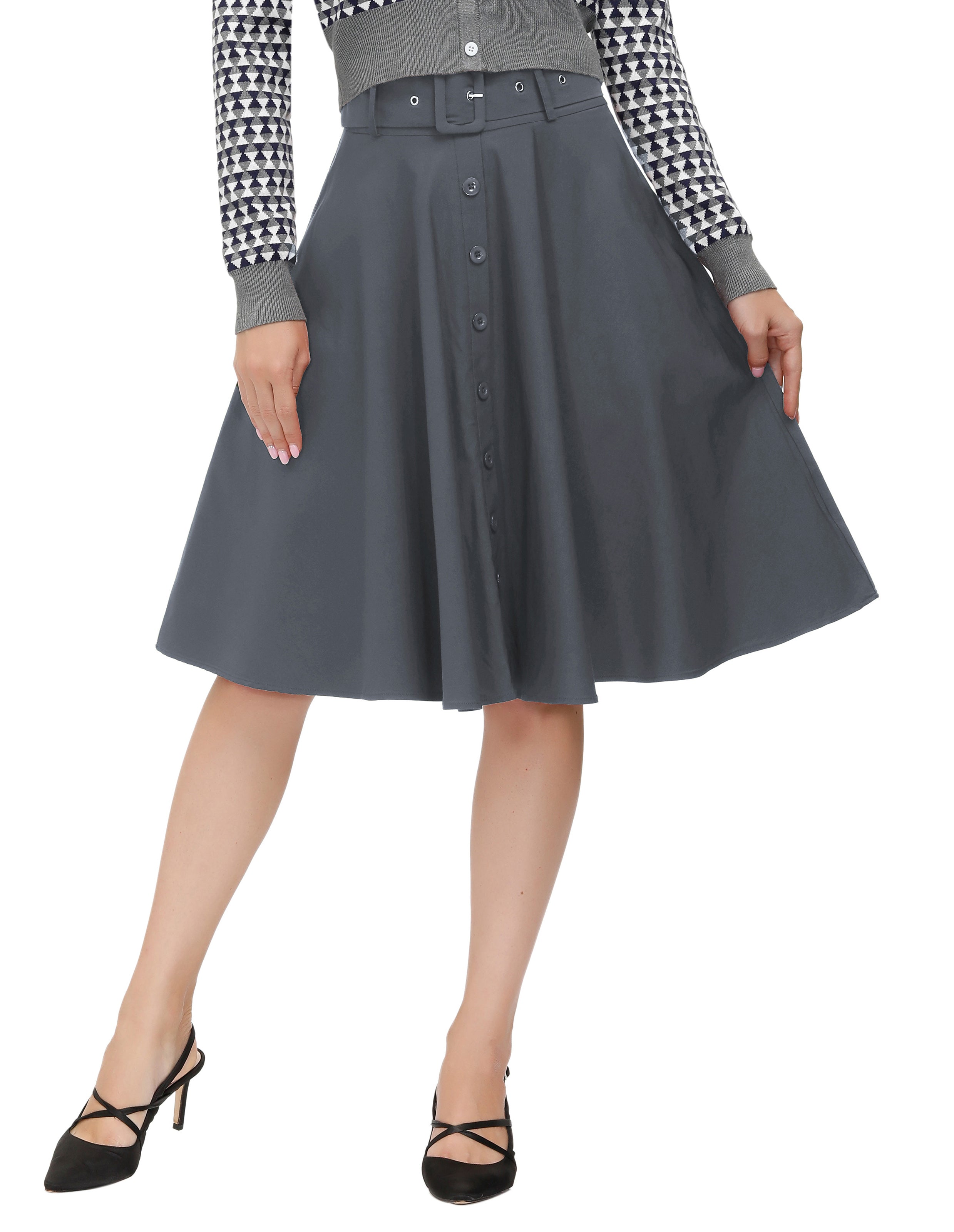 belle poque Vintage Stretch High Waist A-Line Flared Midi Skirts with Pockets & Belts
