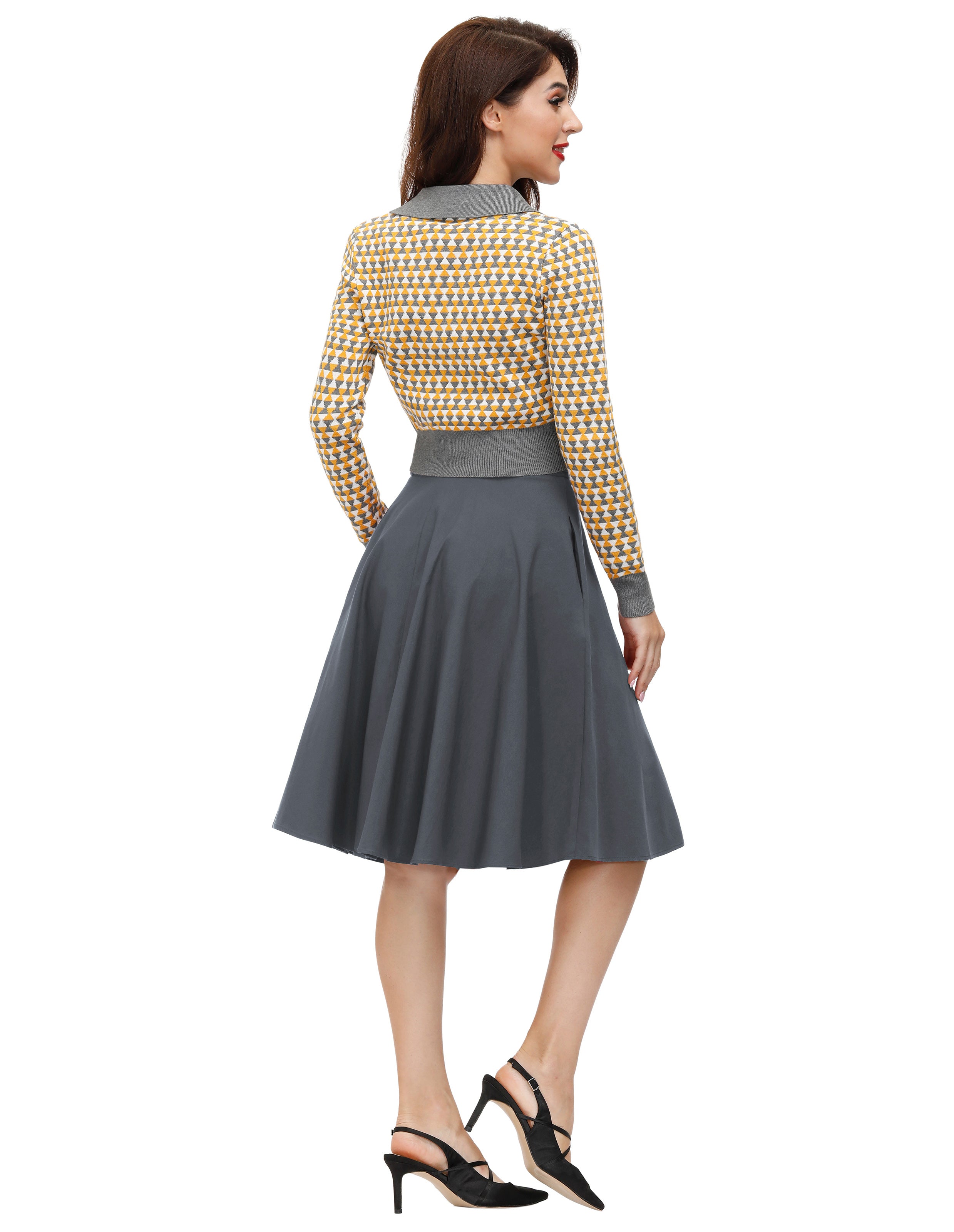 belle poque Vintage Stretch High Waist A-Line Flared Midi Skirts with Pockets & Belts