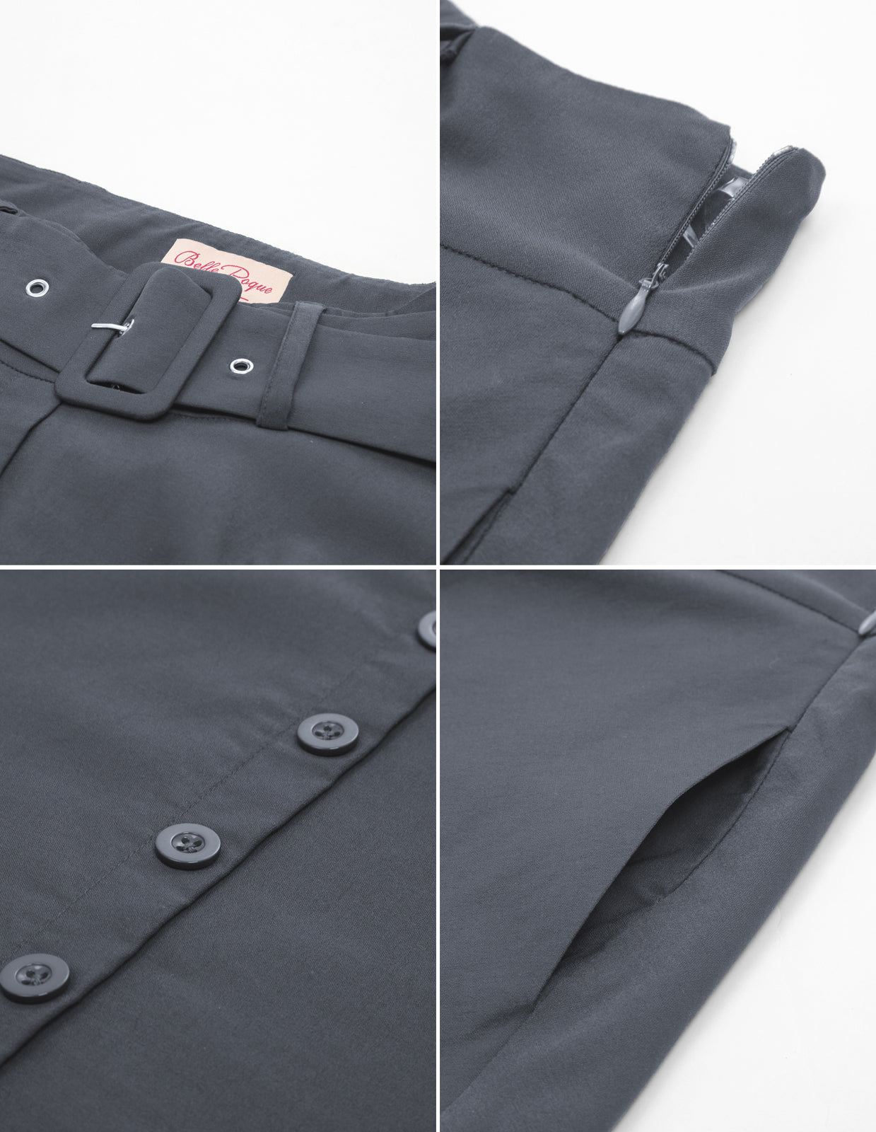 belle poque Vintage Stretch High Waist A-Line Flared Midi Skirts with Pockets & Belts