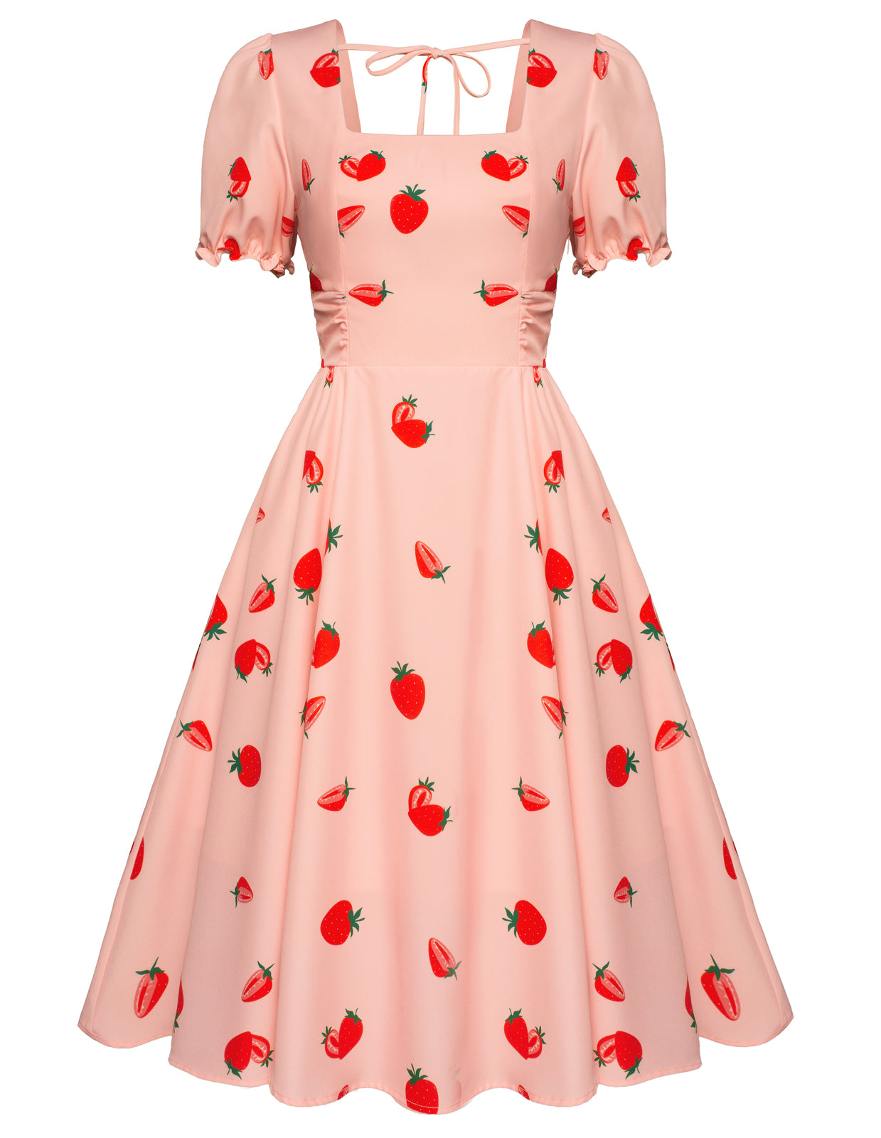 belle poque Vintage Daisy Flower Print Cottagecore Cocktail Dresses Square Neck Puff Sleeve Dress with Pockets Strawberry