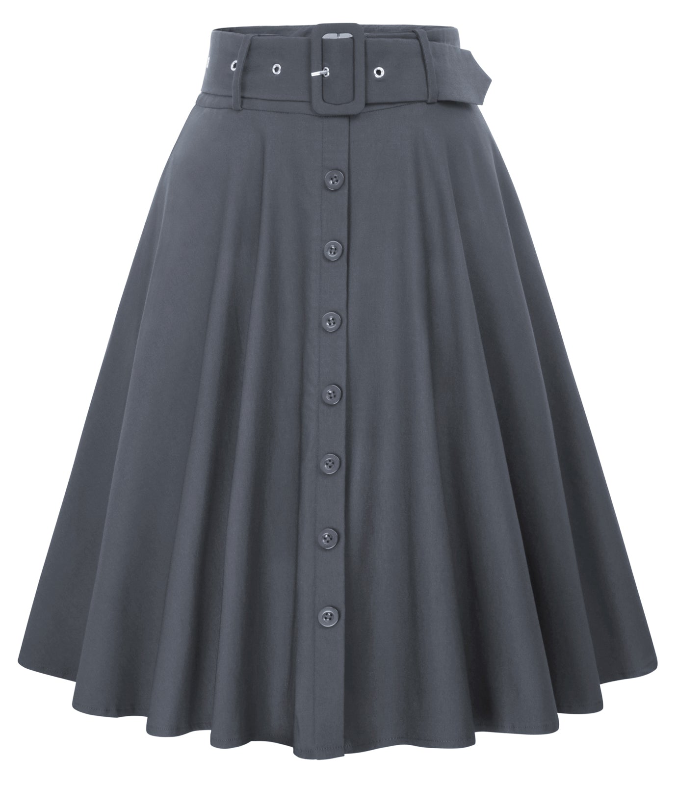 belle poque Vintage Stretch High Waist A-Line Flared Midi Skirts with Pockets & Belts Gray