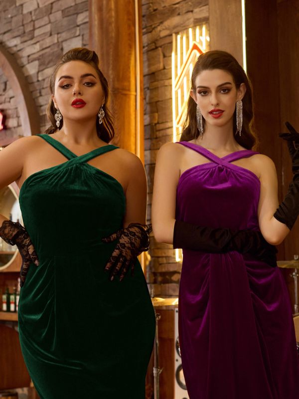 belle poque Vintage Front Slit Velvet Dress Halterneck Ruched Bodycon Dress