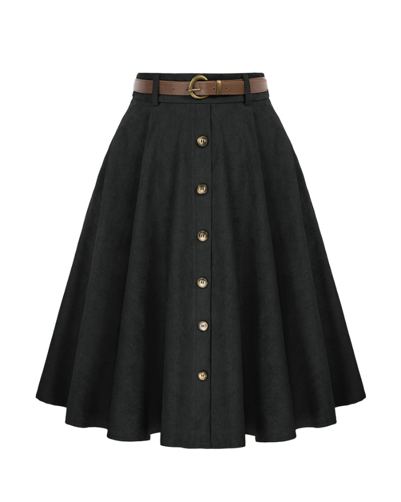 belle poque Corduroy Skirt with Belt Elastic High Waist Mid-Calf Swing Skirt Black