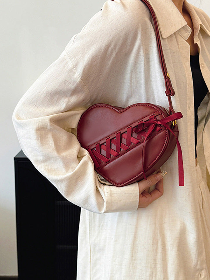belle poque Burgundy Heart-Shaped Ribbon Bow Shoulder Crossbody Bag Burgundy