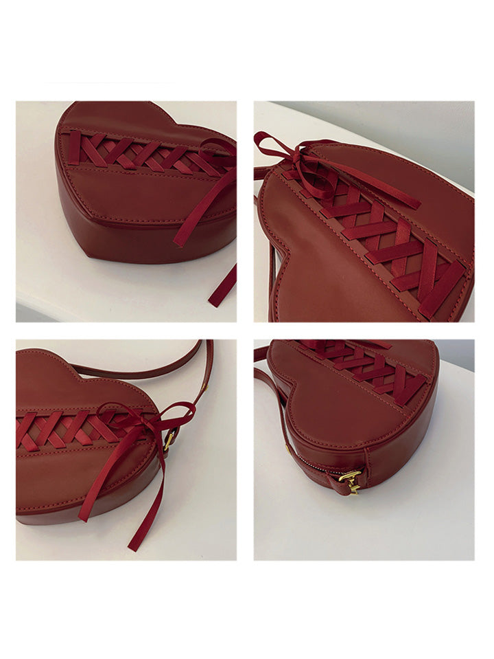 belle poque Burgundy Heart-Shaped Ribbon Bow Shoulder Crossbody Bag