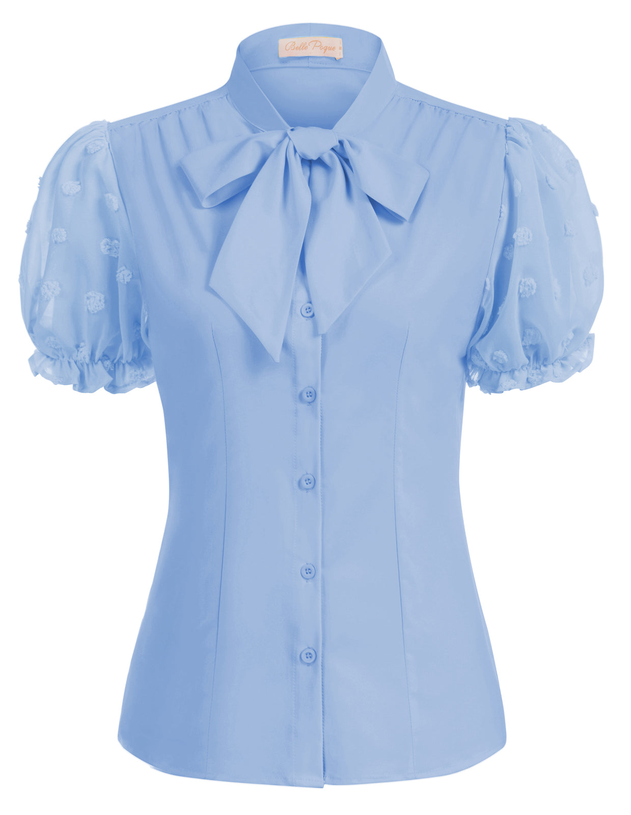 belle poque Bow-Knot Decorated Shirt Short Sleeve Stand Collar Tops Blue