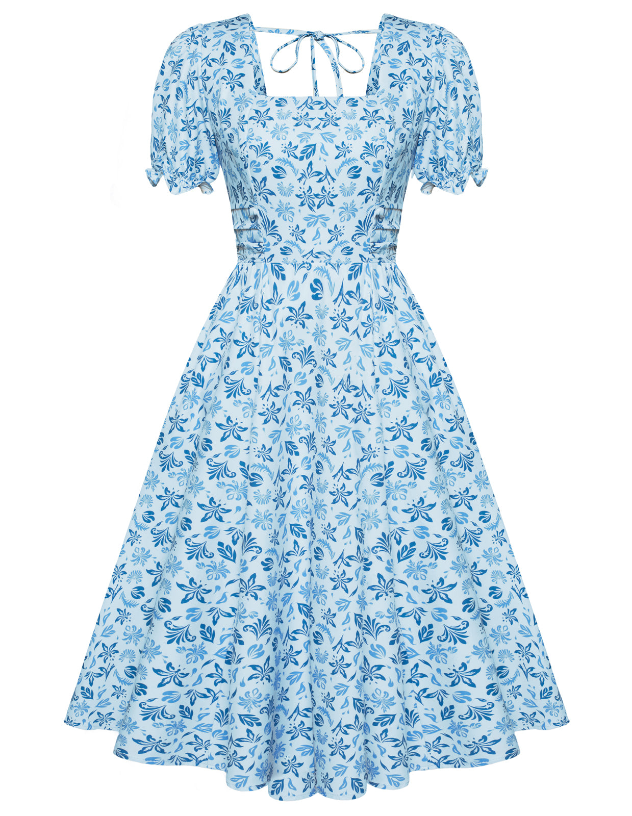 belle poque Vintage Daisy Flower Print Cottagecore Cocktail Dresses Square Neck Puff Sleeve Dress with Pockets Floral blue