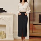 belle poque Women Cargo Skirt Long Pencil Skirt High Wiasted Skirts with Pockets & Slit