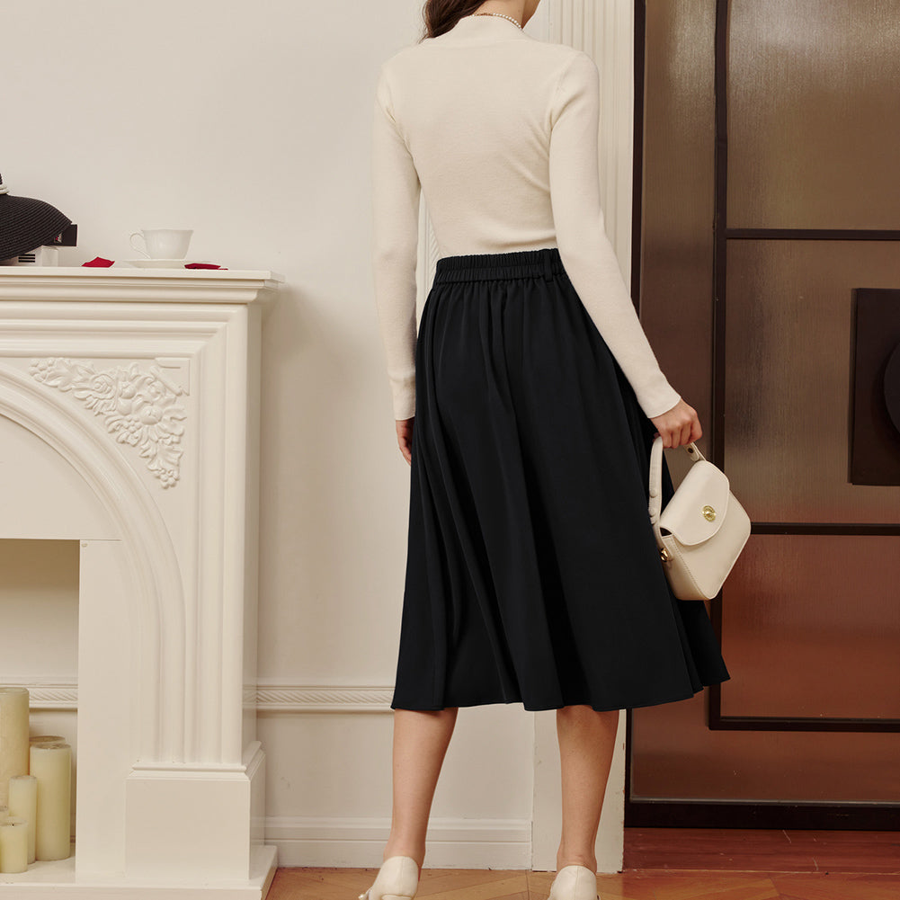 belle poque Women Vintage Swing Skirt Elastic Waist Mid-Calf Length A-Line Skirt