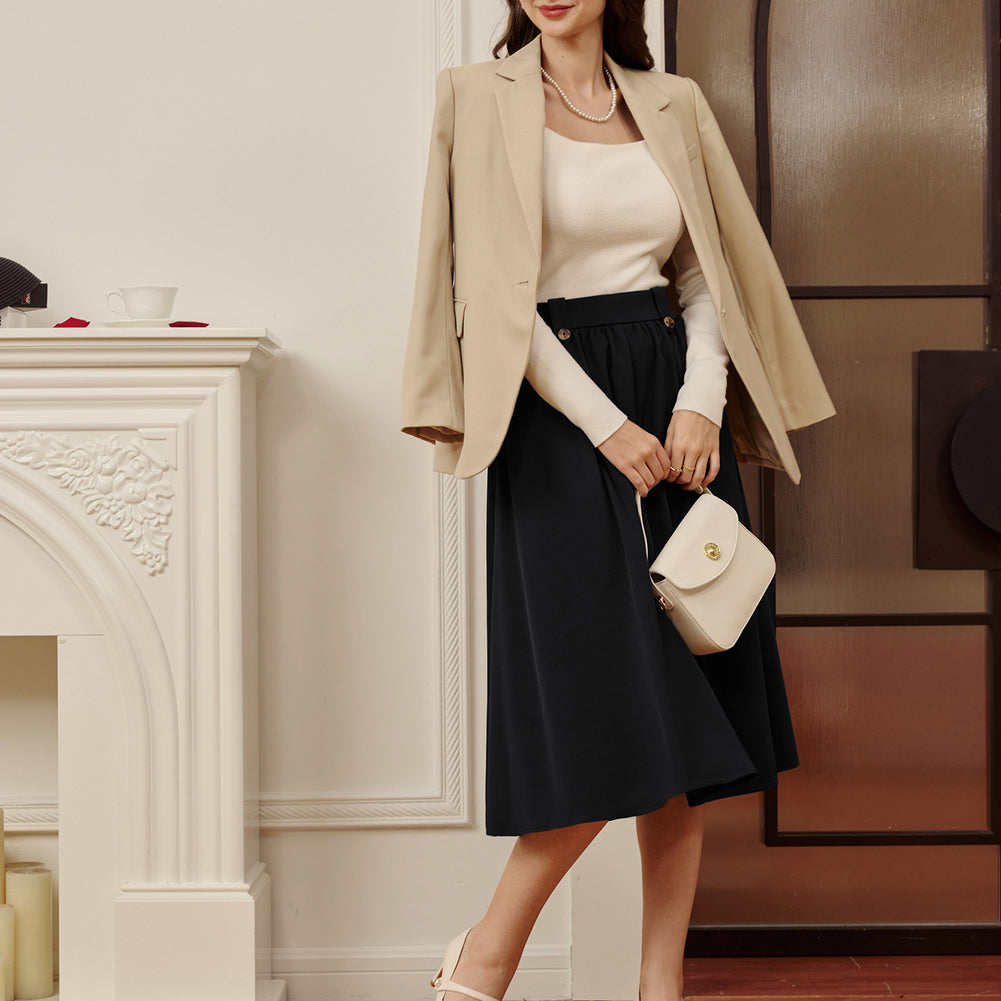 belle poque Women Vintage Swing Skirt Elastic Waist Mid-Calf Length A-Line Skirt