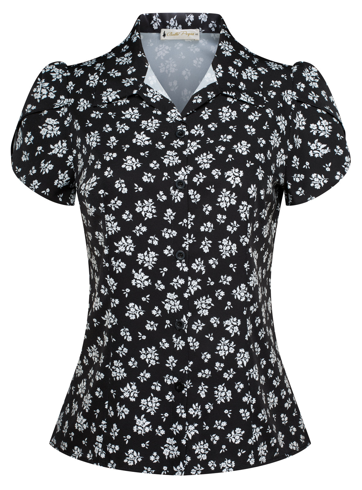 belle poque Business Casual Shirts Tops Summer Button Blouse for Women Floral black