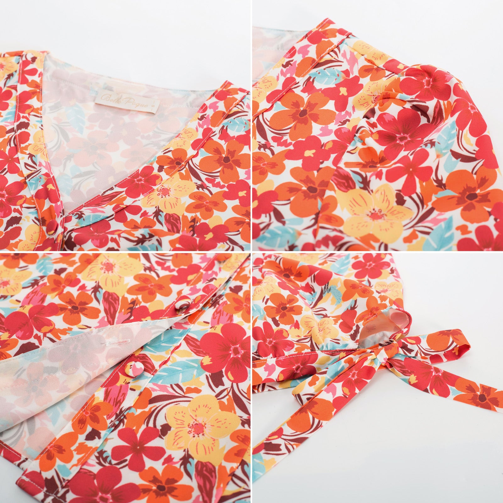 belle poque Cherries Pattern Short Puff Sleeves V-Neck Button Placket Blouse