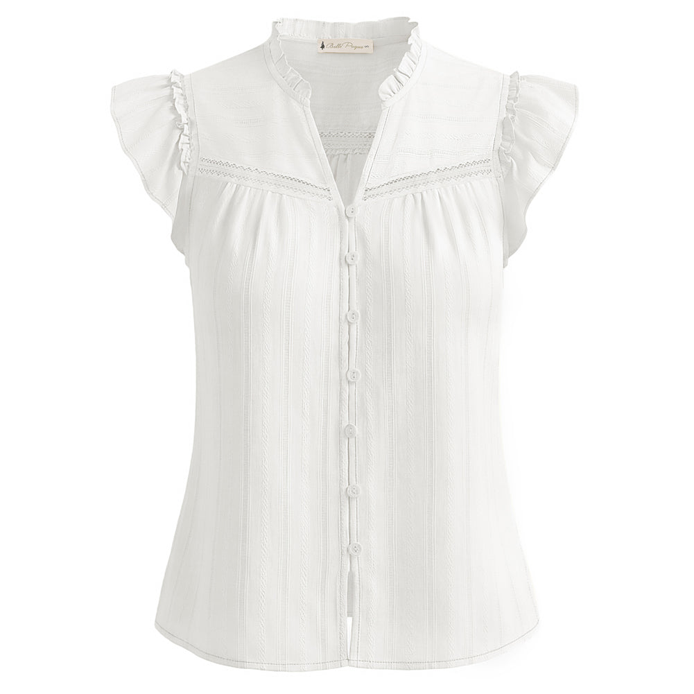belle poque Women's Ruffle Sleeve Cotton Shirts Button Down Blouses Dressy Casual Tops White