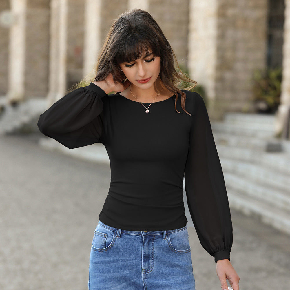 belle poque Women's Mesh Long Sleeve Tops Bow Tie Back Dressy Blouses