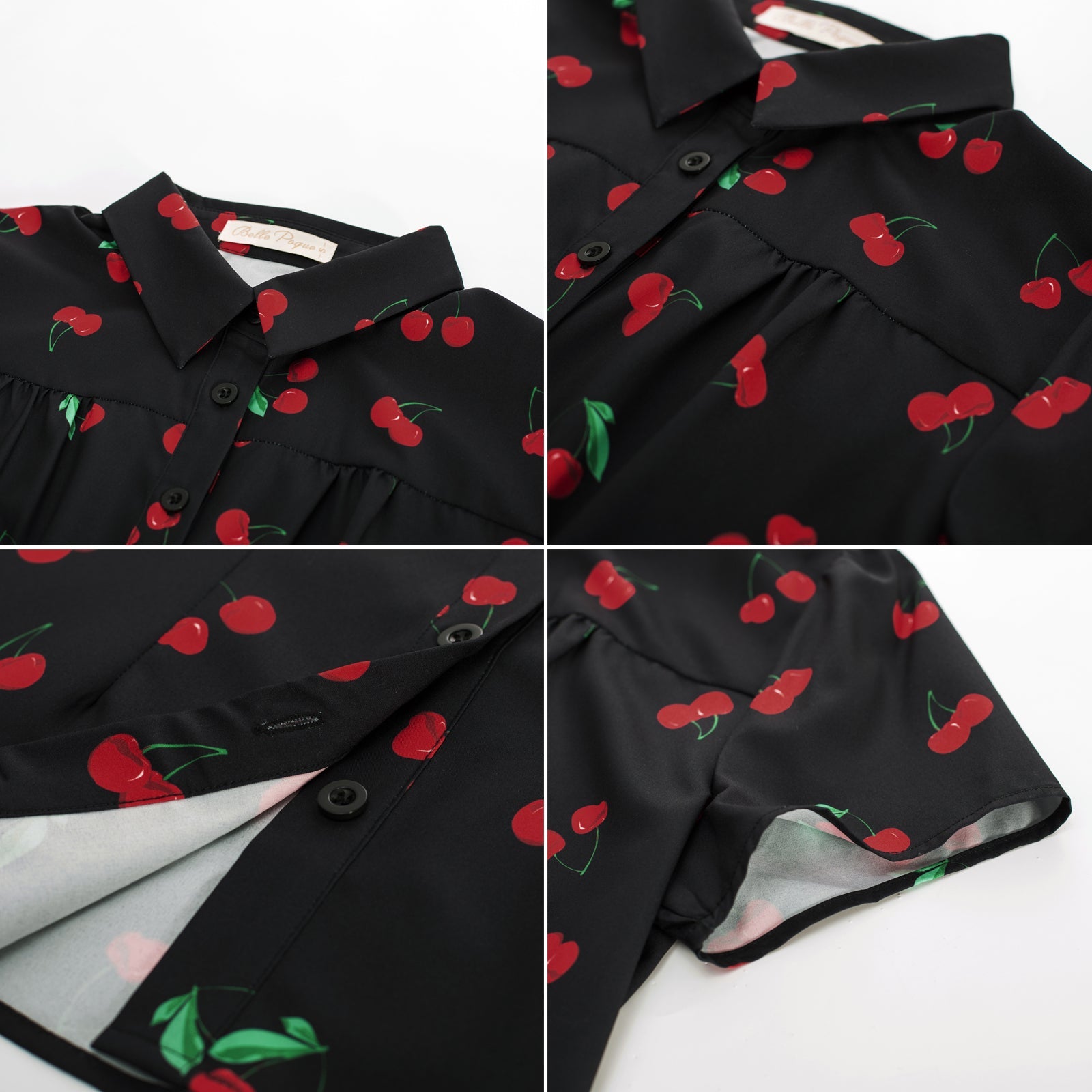 belle poque Women Retro Vintage Cherry Print Short Sleeve Square Collar Curved Hem Shirt