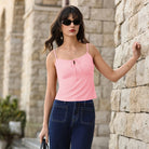 belle poque 2026 Summer Women's Tie Front Spaghetti Strap Top Sexy Cutout Crop Tank Top