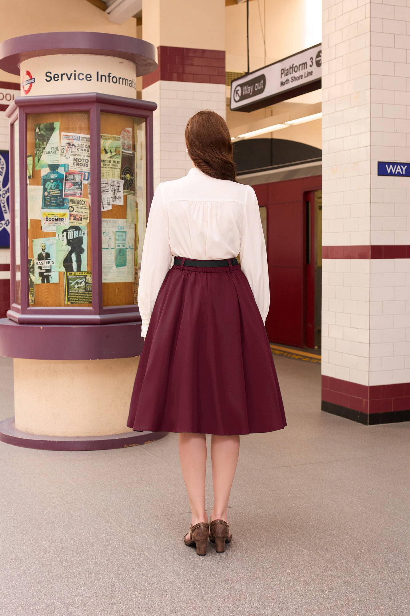 belle poque Swing Skirt with Belt Elastic High Waist Buttons Decorated Skirt