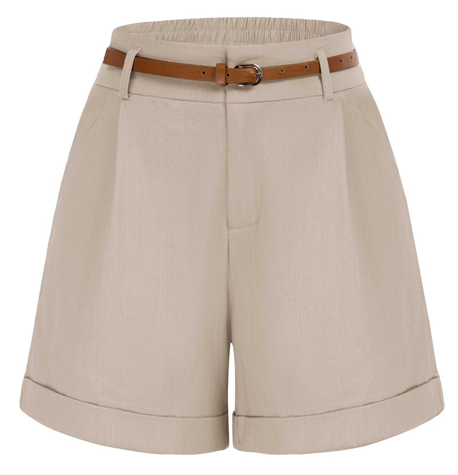 belle poque Women Bermuda Shorts with Pockets & Belts Light Khaki