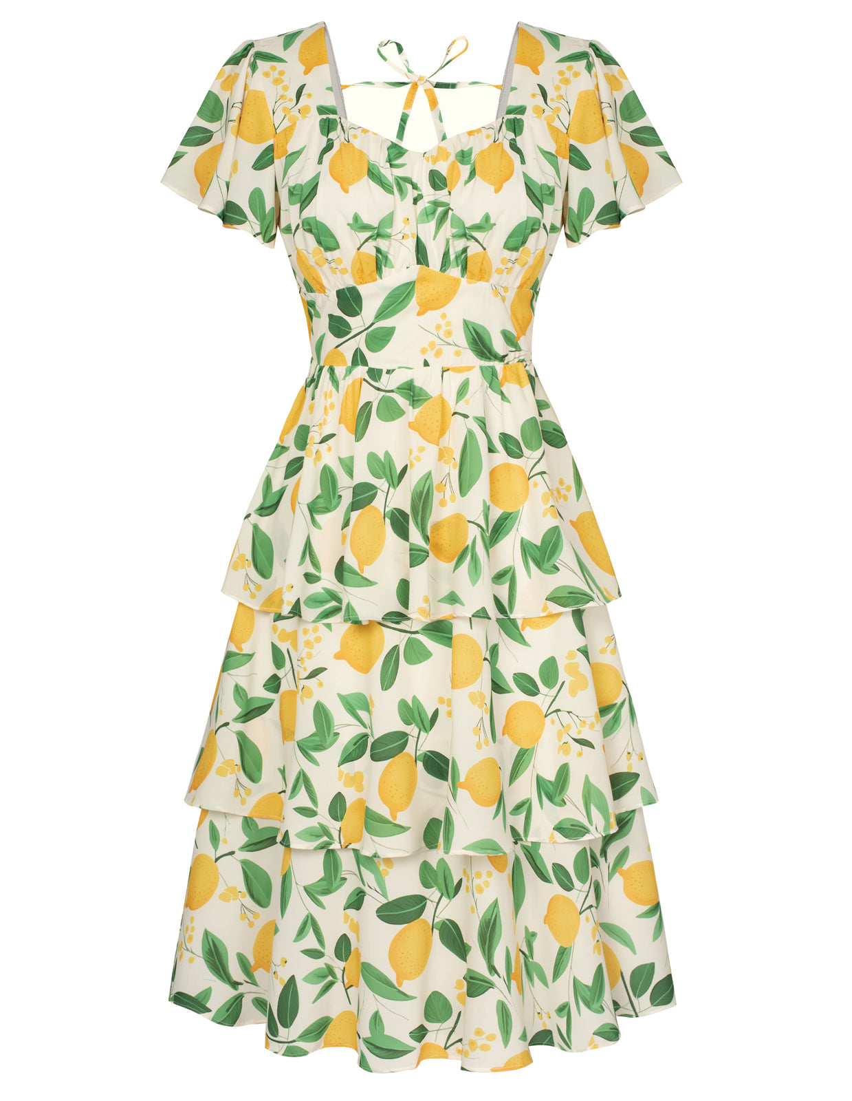 belle poque Floral Print Square Neck Tiered Ruffle Dress 2023 Summer Vintage A-line Swing Midi Dress Lemon