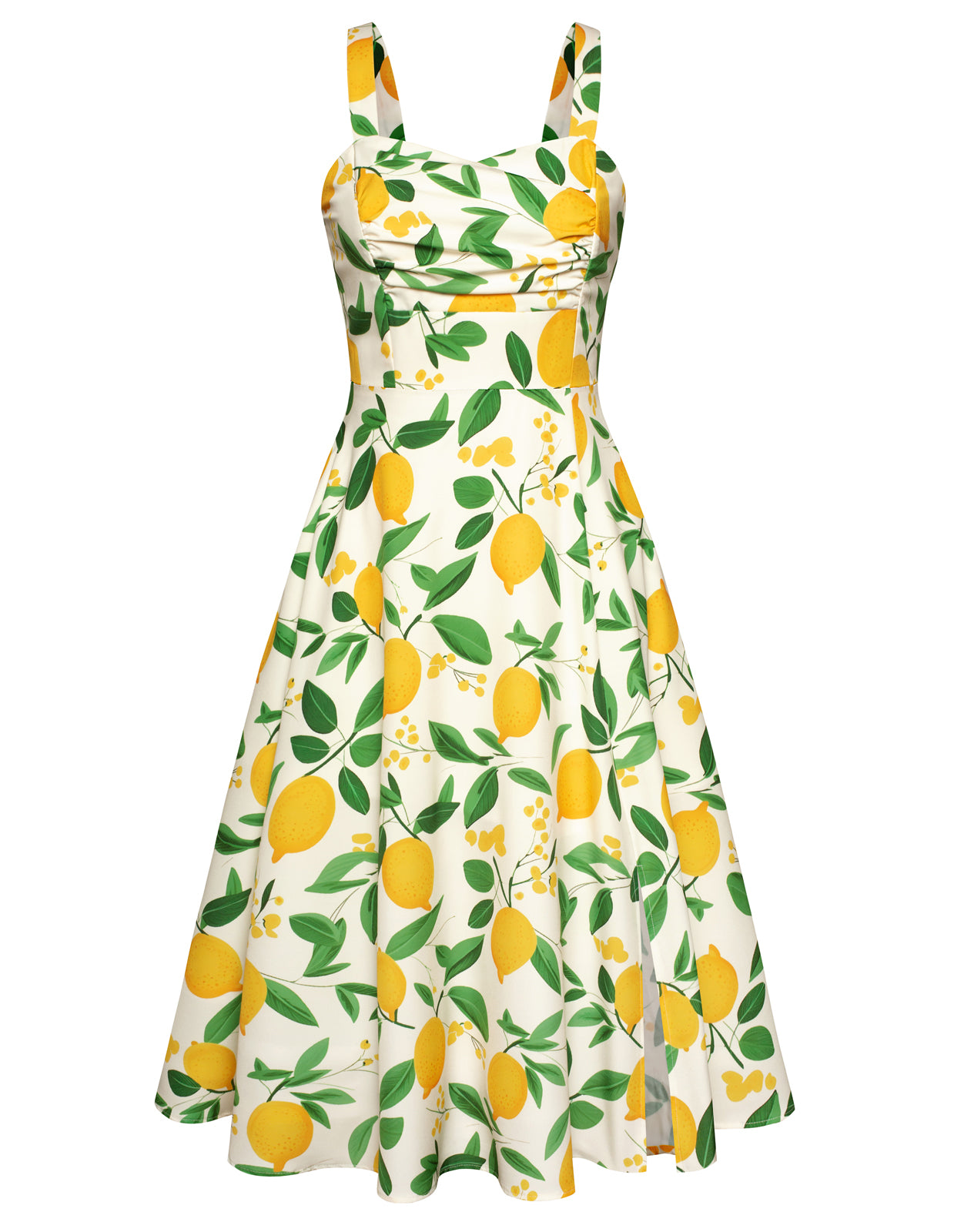 belle poque Vintage 1950s Cocktail Dress Ruched Slit A Line Swing Dress with Pockets Lemon