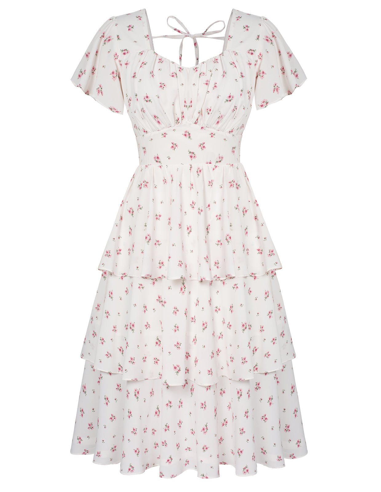belle poque Floral Print Square Neck Tiered Ruffle Dress 2023 Summer Vintage A-line Swing Midi Dress Pink
