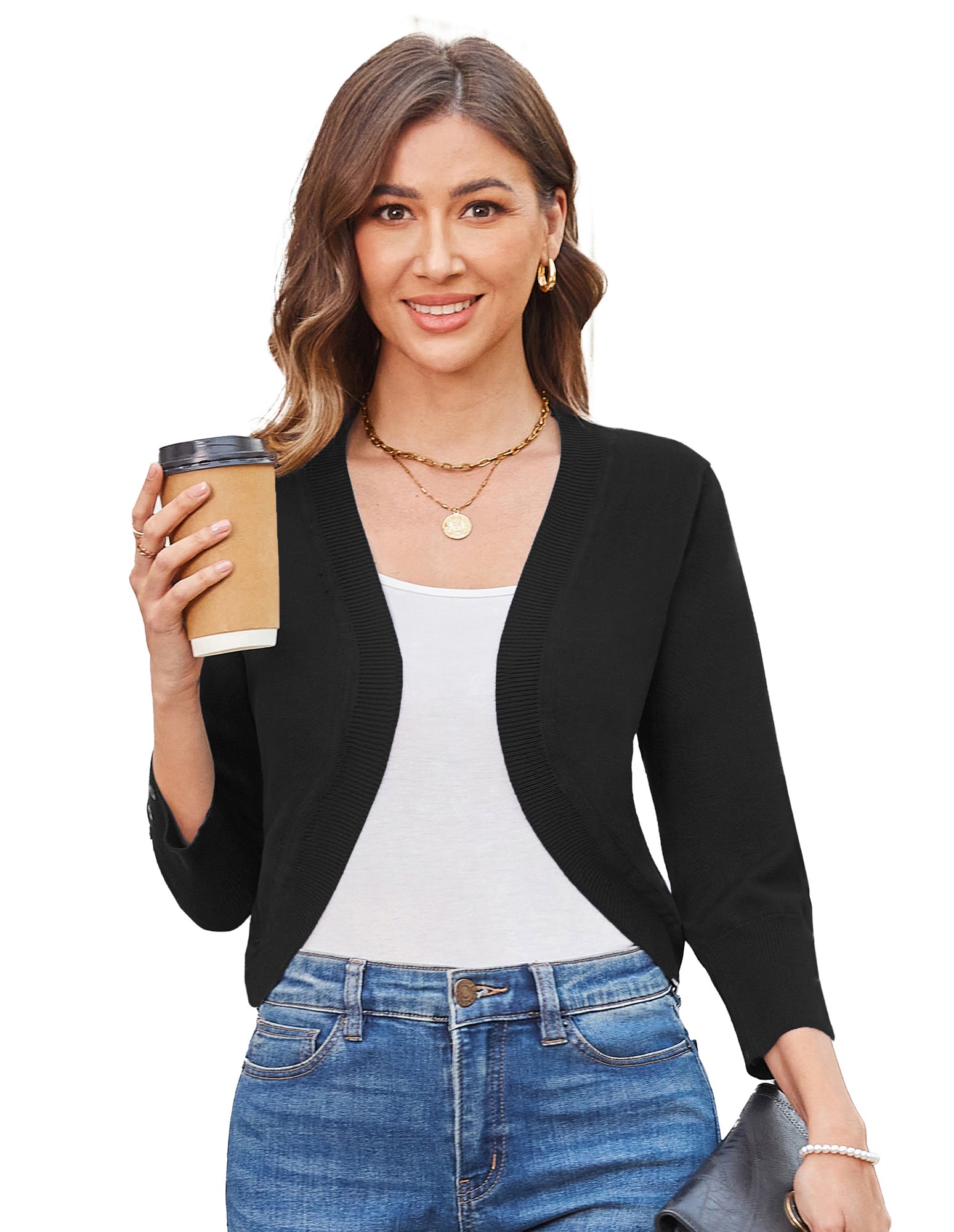 belle poque Womens 3/4 Sleeve Bolero Shrug Open Front Knit Cropped Cardigan