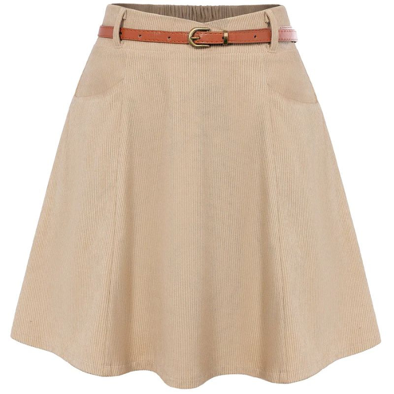 Corduroy Skirt with Pockets and Belt Basic Versatile Mini Skater Skirts